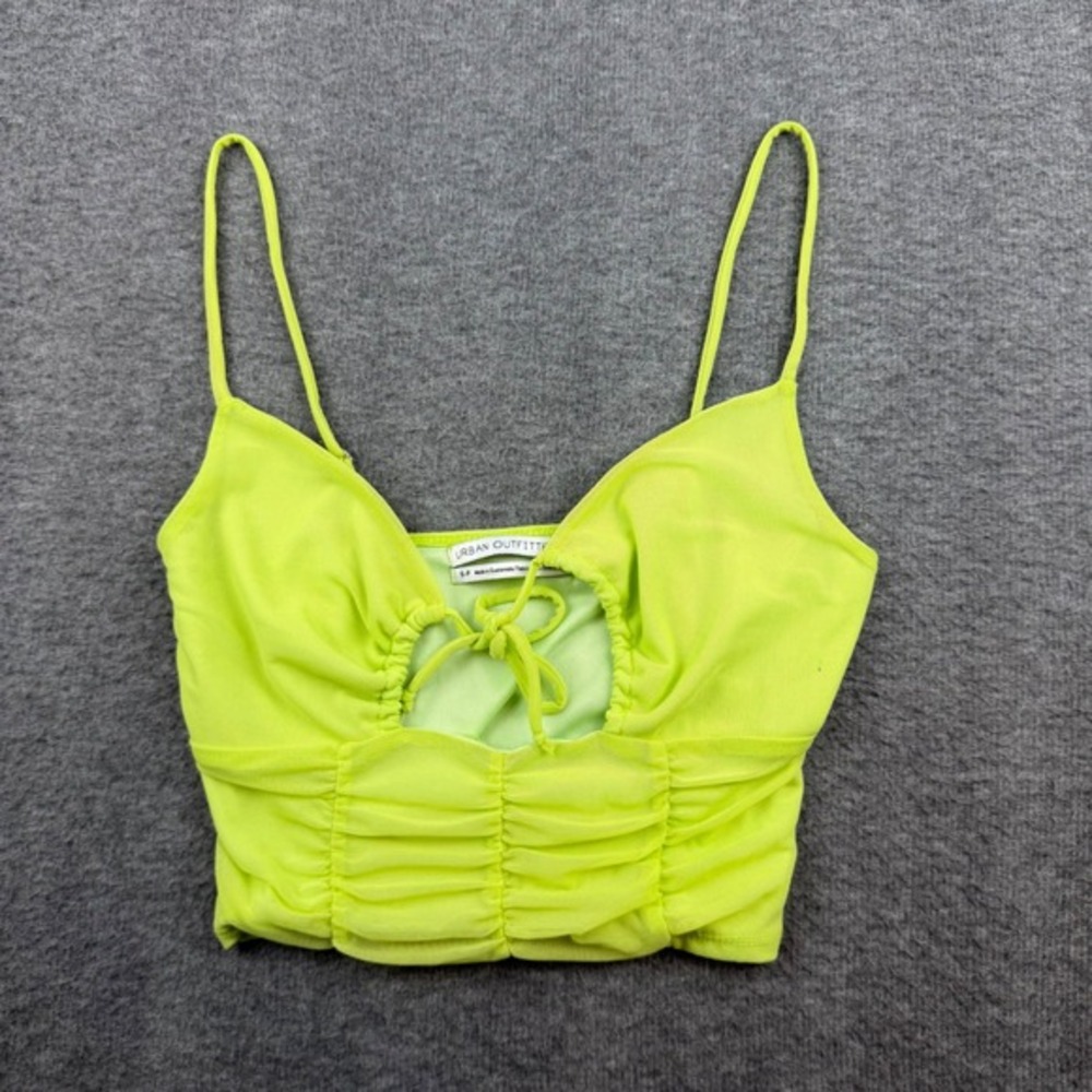 Urban Outfitters Cami Crop Top Women's Small Neon Lime Green Ruched Mesh Keyhole